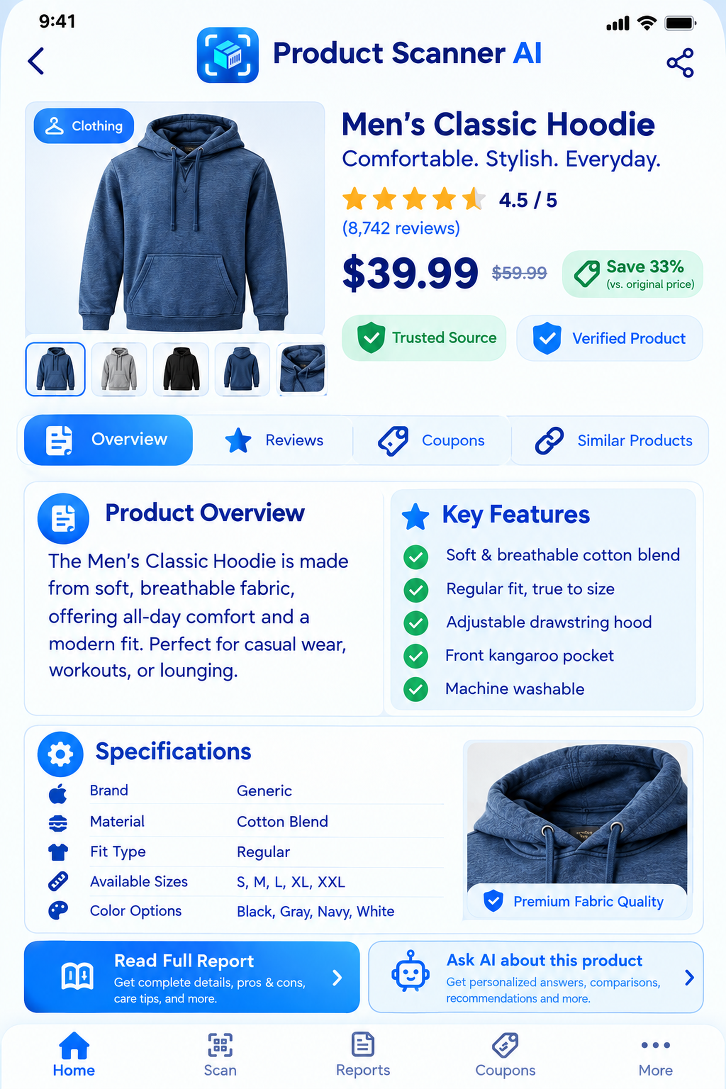 Detailed product report in the Product Scanner AI app